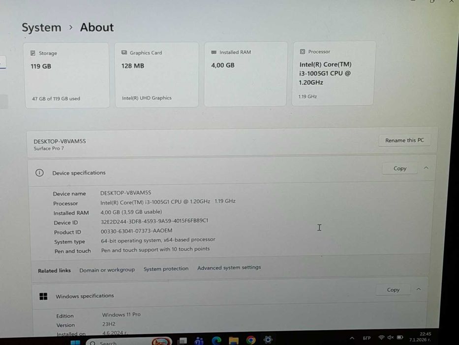 Microsoft Surface Pro 7 i3-1005G1/4RAM/120SSD/Intel UHD/QHD Touch