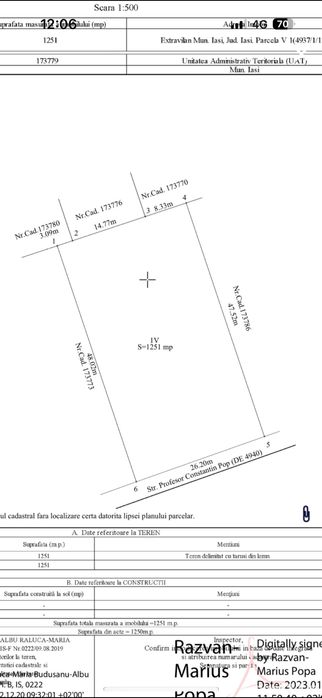 Teren extravilan 1250 mp, Iasi, zona Bucium, str. Constantin Pop