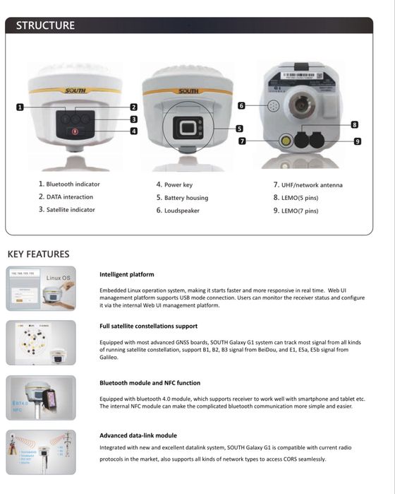 Rover GNSS RTK South Galaxy G1C (692 canale), carnet de teren South H5