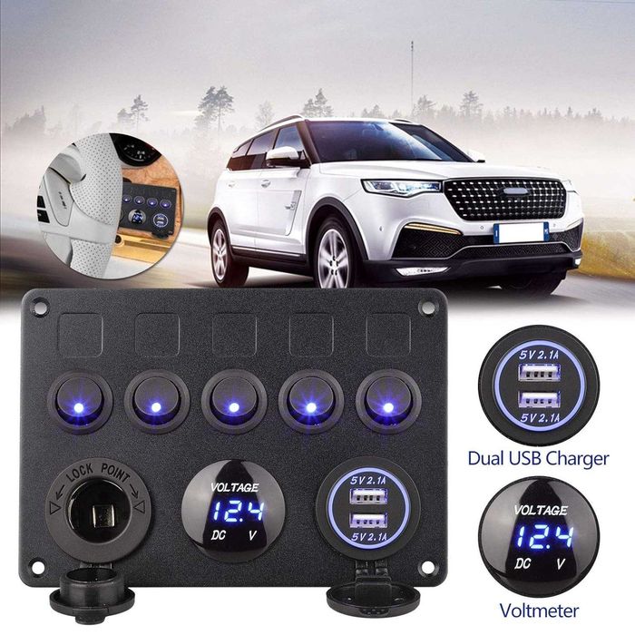 Панел за вграждане с 5 бутона, USB, 12V и волтметър