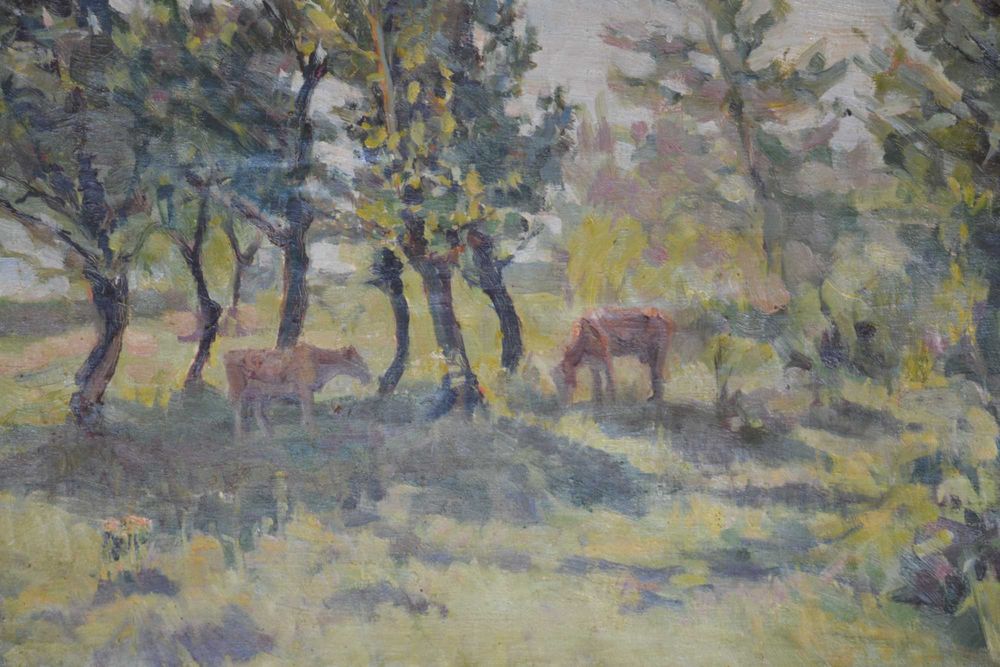 Tablou vechi pictură ulei – Peisaj impresionist cu vaci – 55x74 cm