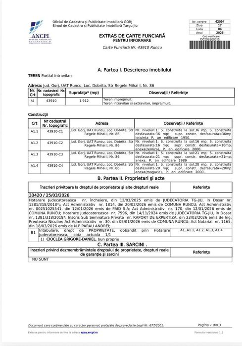 PROPRIETAR, ofer spre vânzare casă și teren, situată în comuna Runcu