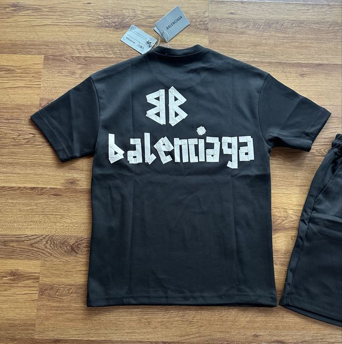 Мъжки,памучен,черен къс комплект Balenciaga с щампа на гърба