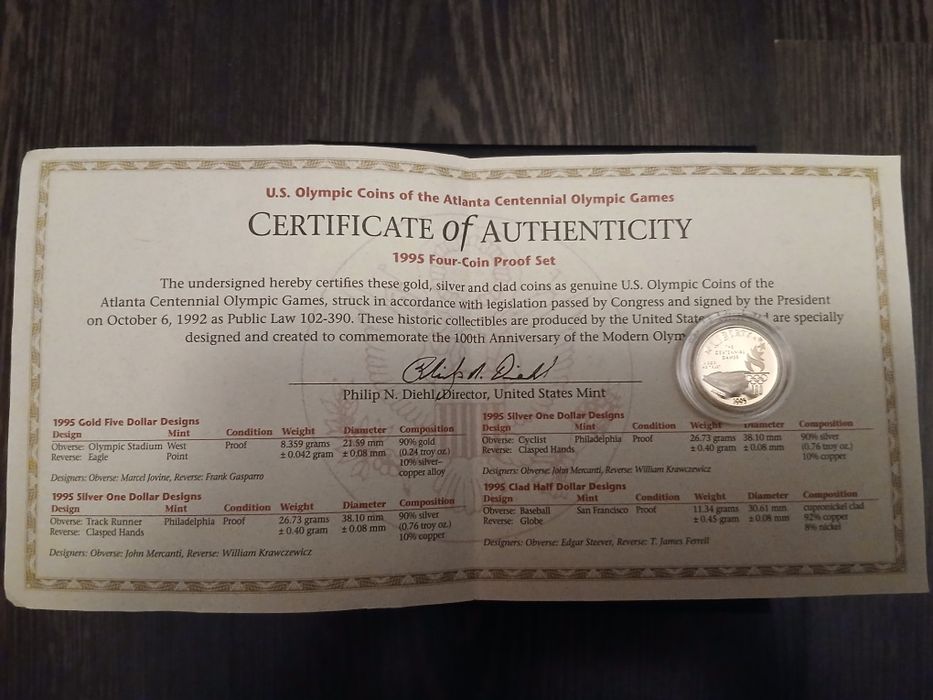 5 dollari 1995 - moneda aur proof comemorativă pentru Olimpiada XXVI