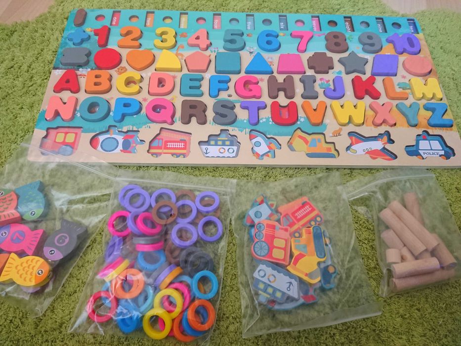 Дървена образователна игра азбука, цифри, магнитни рибки Монтесори