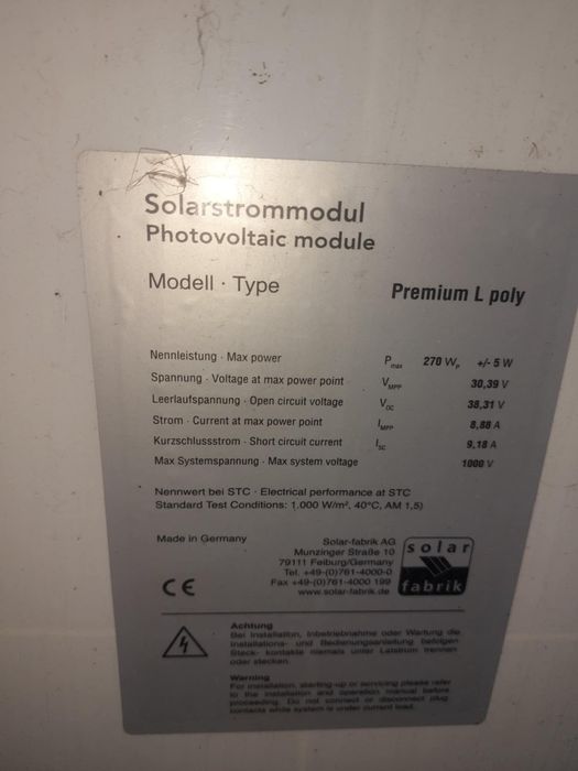 Продавам соларни панели Solar-Fabrik 270W