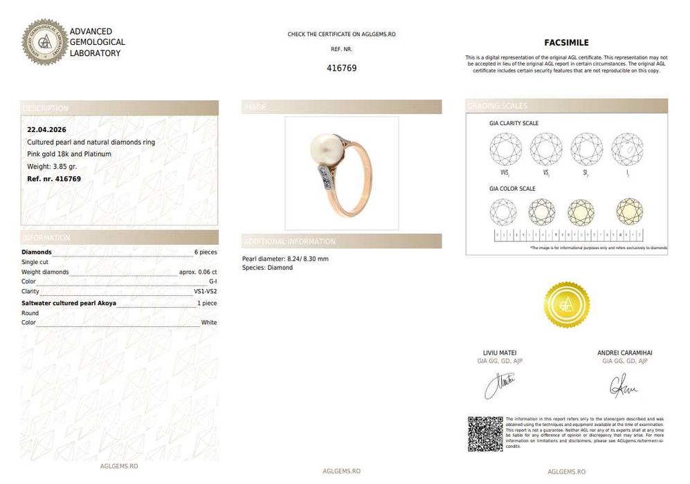 Inel din aur roz și platină, decorat cu perlă Akoya și diamante