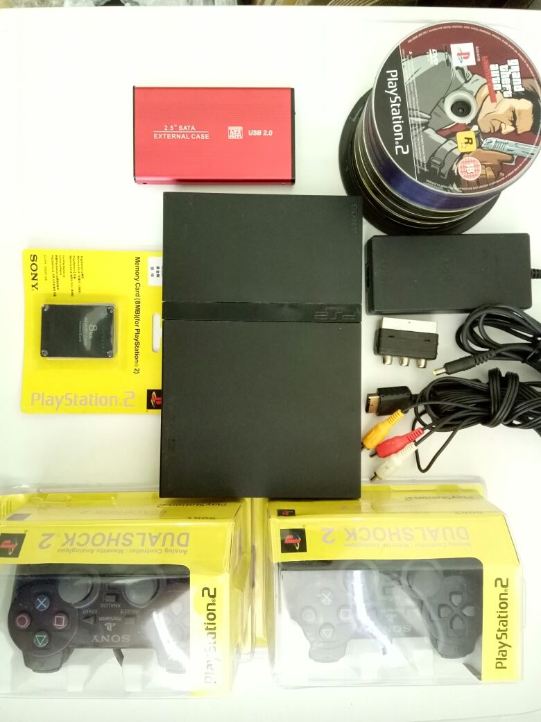 Плейстейшън 2 PS2 пълен комплект с 2бр. джойстик и 70 игри хард диск гр ...
