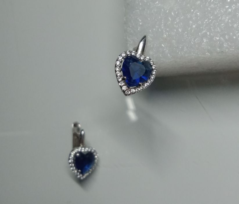 серьги сердечки синие серебро