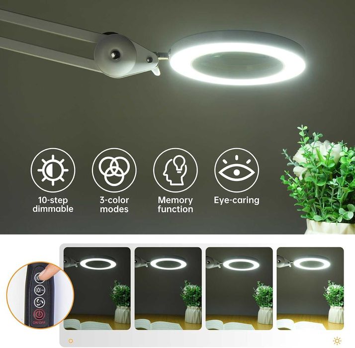 LED лампа с лупа Beyamz, въртящо се рамо, светлини в 3 цвята