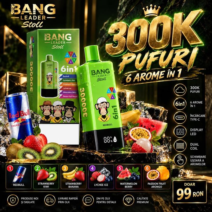 Vape Verde 6 Arome | 300.000 Pufuri | 6 în 1 | Produs Sigilat | Display LED | USB-C