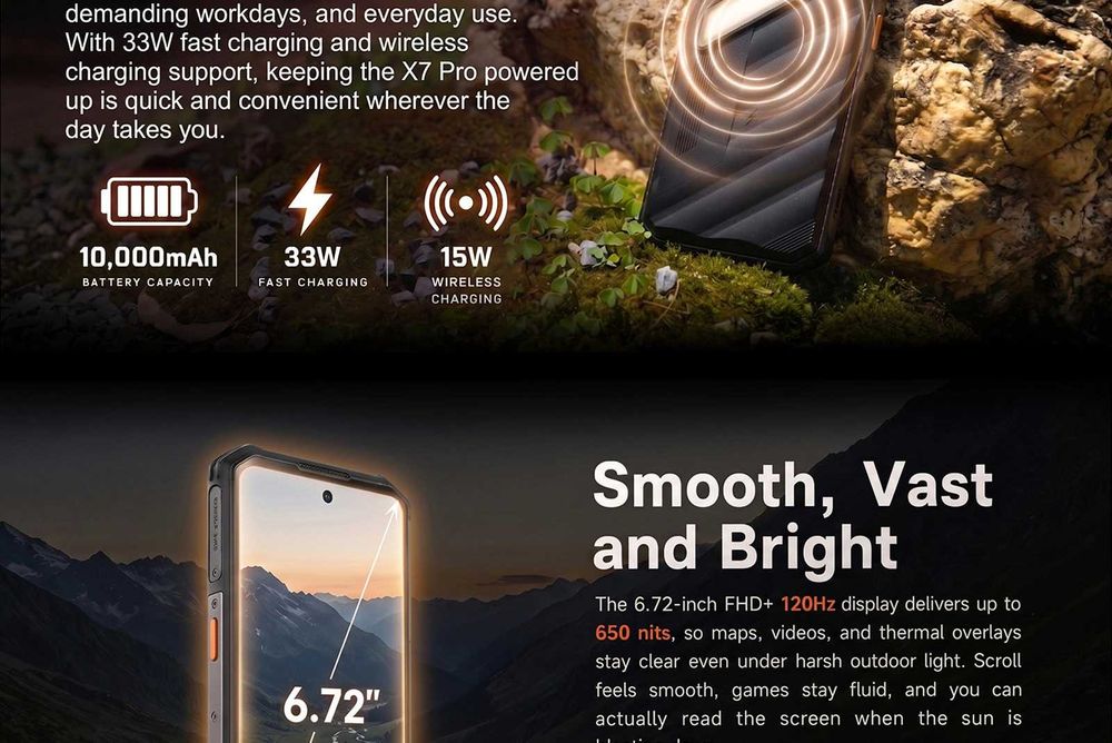 AGM X7 Pro - 6.72", 6GB+6GB/256GB, 10000mAh, 64MP SONY, термална камера, Android 16, мощен 5W високоговорител