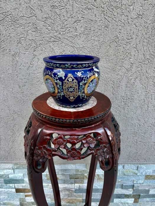 Eleganta jardiniera-portelan glazurat-email-decoruri aur-medalioane florale-Franta