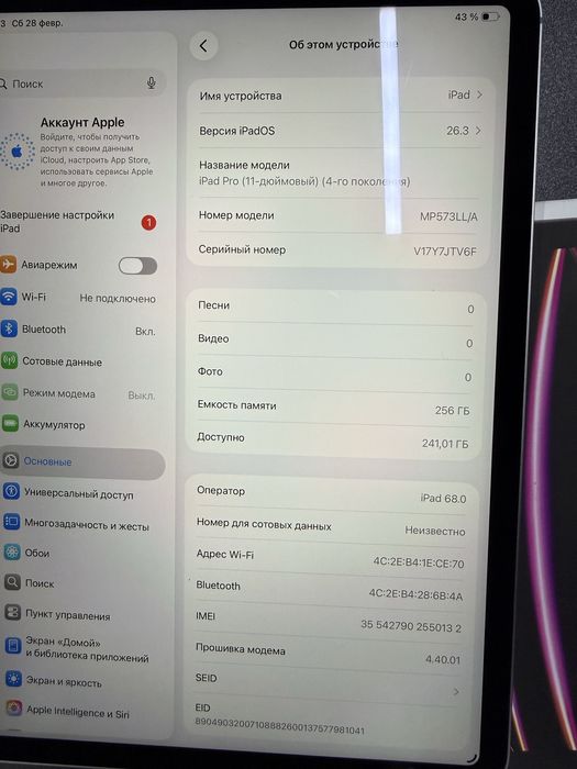 Ipad pro 11-inch 256gb  M2 chip wi-fi+cellular 5G LL/A 4th generation