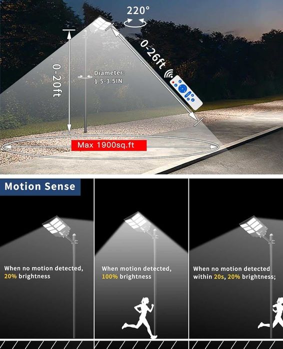 JAYNLT 800W Соларна улична лампа със сензор за движение, дистанционно