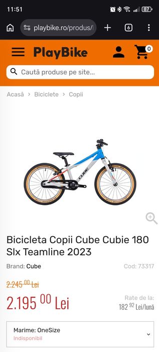 Bicicleta Copii CUBE CUBIE 180 SLX Teamline  roti 18"