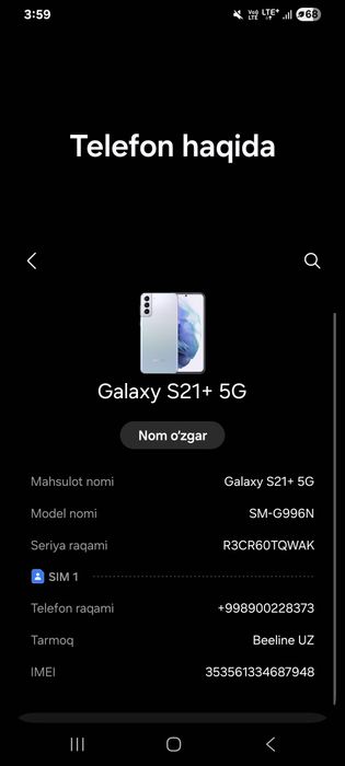 Juda Arzon telefon Samsung S21+ 5G 8/256