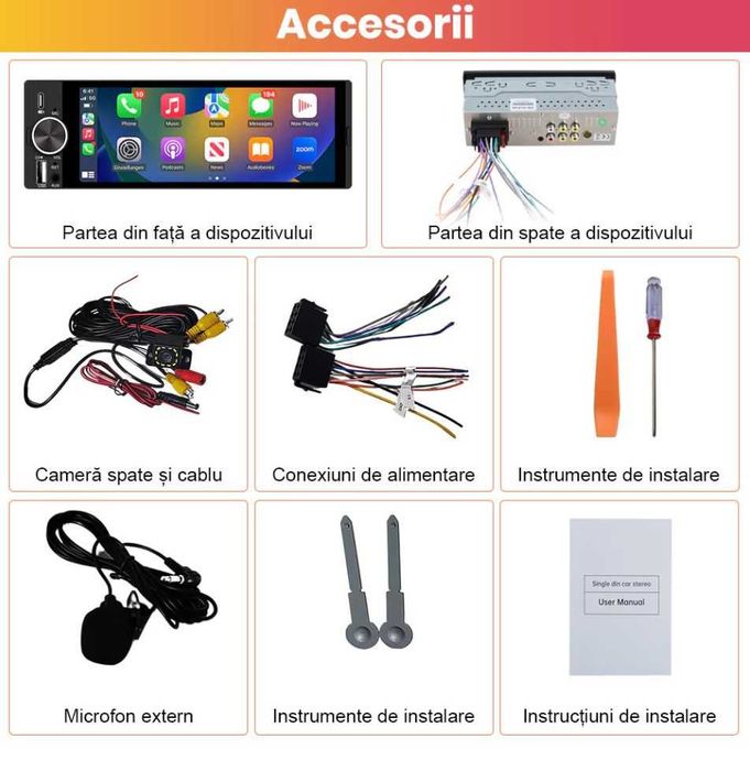 Navigatie GPS 1DIN Wireless CarPlay & Android Auto | Cameră Marșarier Inclusă
