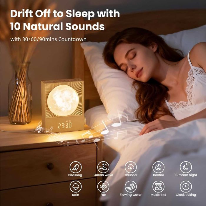 Lampa Luna Rotativa cu Alarma Sunrise Ceas Digital RGB Sunete Natura