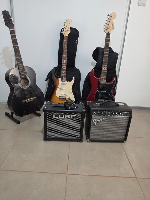 Vând chitară electrică fender 2 buc + chitară acustică Hora Standard M + 2buc amplificator Roland Cube 10GX si Fender Champion 20