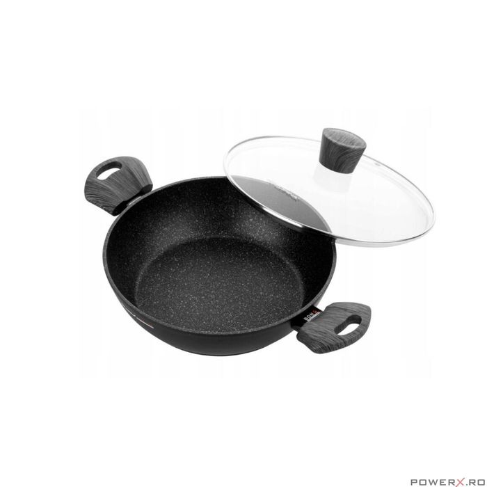 Oala din aluminiu cu invelis din marmura, cu capac din sticla, 28cm,