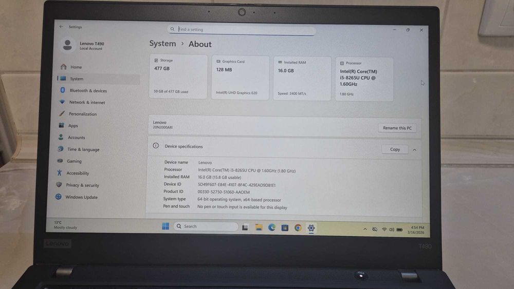 Vând laptop Lenovo ThinkPad T490 i5 16GB RAM 512 SSD