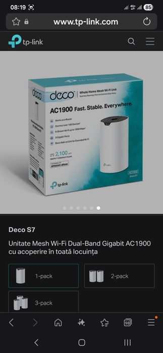TP-Link Deco S7 
Unitate Mesh Wi-Fi Dual-Band Gigabit AC1900 cu