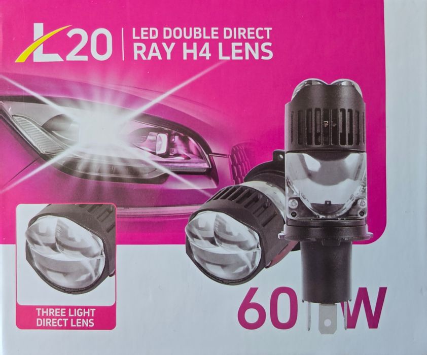 Set Becuri Led H4 Lupe Mini LED  Premium H4 L20 120W (60W/buc) 3 Lupe Direct Lens 1:1
