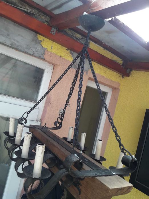 Candelabru terasa/filigorie din lemn si fier forjat cu opt brate