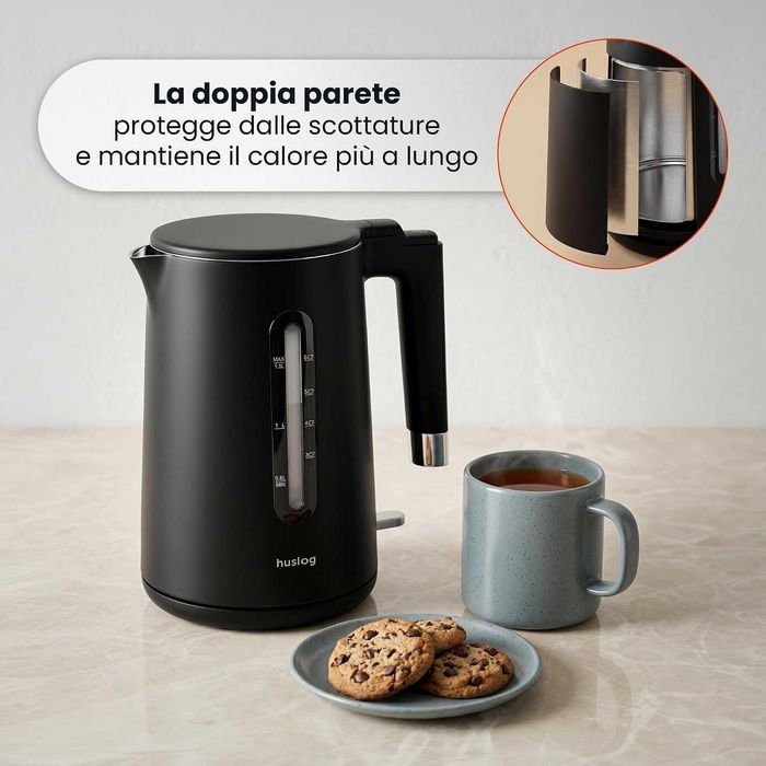 Електрическа кана 1.5L, 2200W, двойна стена Cool-Touch 304 неръждаема стомана без BPA с индикатор за нивото на водата, 360° основа, защита от сухота