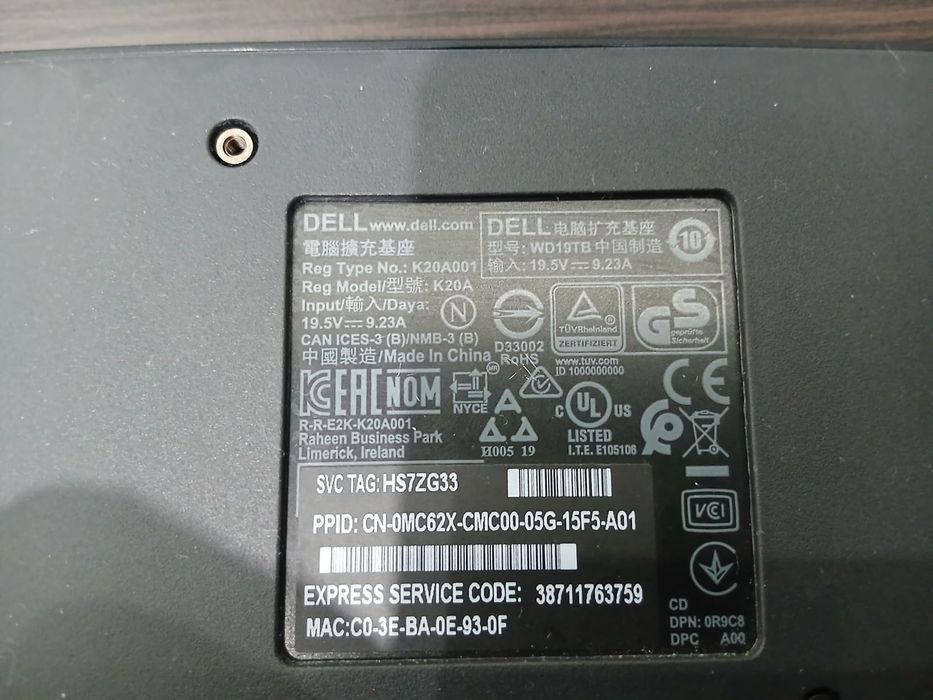 Docking Dell WD19TB  Thunderbolt USB C 180W