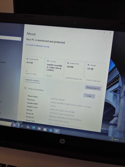 Laptop i5 7200u, HP 250 G6, 16 GB DDR4, 120 GB SSD, baterie moarta