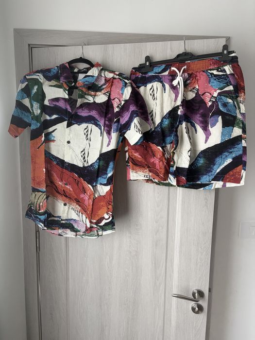 JOGAL Set cămașă Hawaiiană cu mânecă scurtă din bumbac, model floral, pantaloni scurți, mărime mică, multicolor
