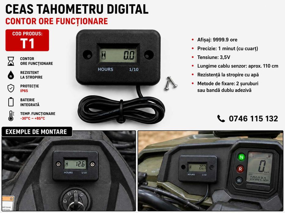 Turometru/Tahometru Pt Motor pe Benzina la Motocicleta ATV AUTO–T1–T2