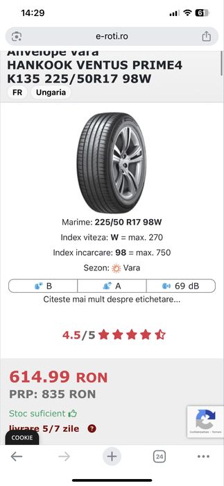 2 Anvelope Noi Dot 1924 225/50R17 Hankook Ventus Prime 3