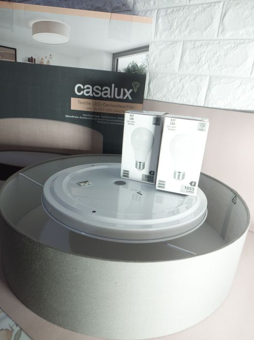 Plafonieră Casalux textilă gri Ø38 cm, 2xE27, cu 2 becuri LED incluse – Nouă