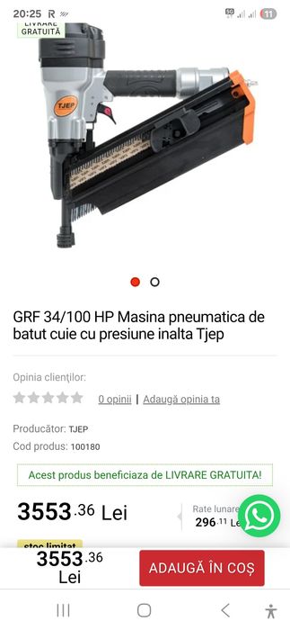 Pistol pneumatic cu cuie ptr beton sau tabla