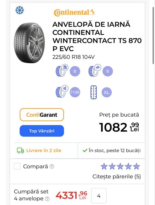 Jante aliaj NOI R18 FORD Kuga anvelope iarna 225/60/18 Continental NOI