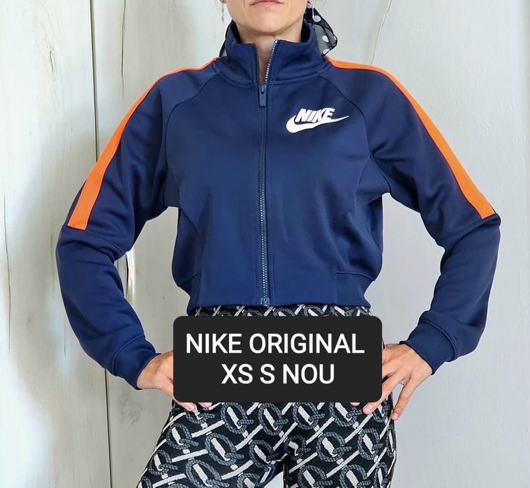 Nike hanorac damă cropped XS S bleumarin albastru închis fermoar dungi portocalii maneca lunga