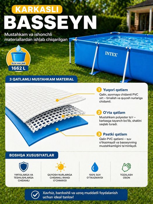 Karkasli basseyn Intex 220×150×60 sm, 1662L