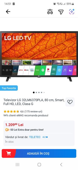 Televizor LG 32LM6370PLA, 80 cm, Smart, Full HD, LED, Clasa G