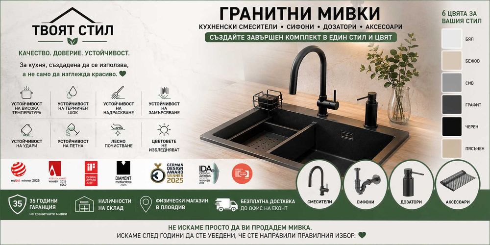 Черна Кухненска Мивка от гранит модел Рига Easy 380 x 440 mm