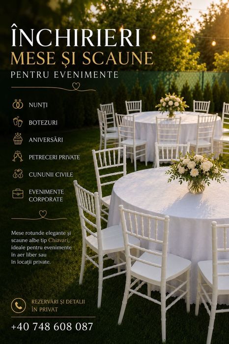 Închiriere Mese Rotunde și Scaune Chiavari pentru Evenimente