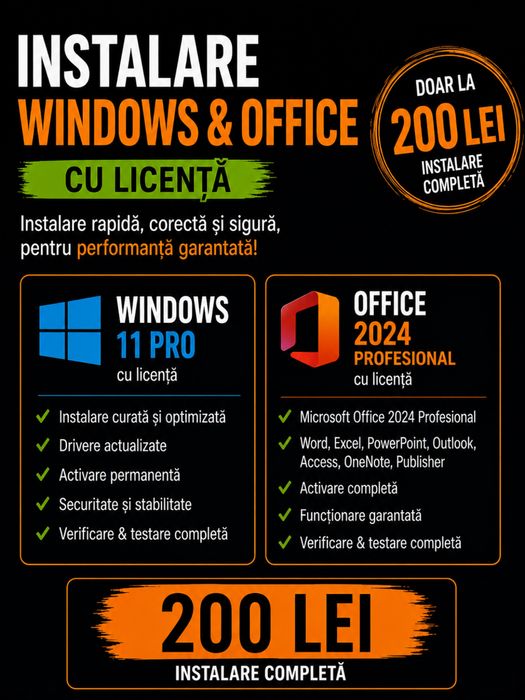 GARANTIE NELIMITATA! Instalare  Windows 11 Pro ,Office 2024 Profesional cu licență,  doar 200 lei