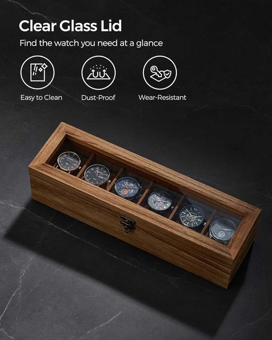 Cutie depozitare ceasuri Songmics, 6 sloturi, capac din sticla, lemn