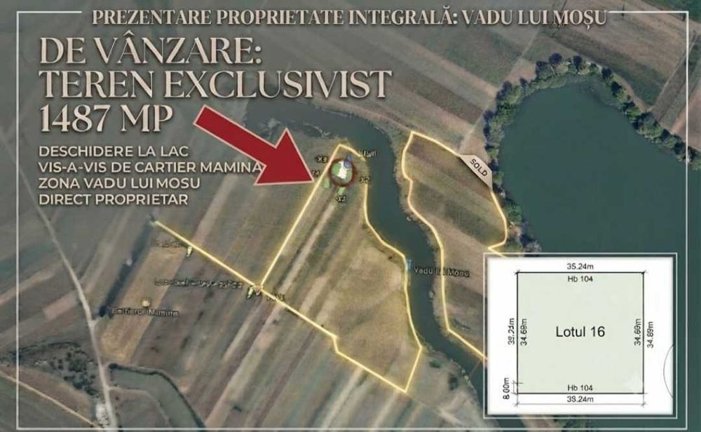 Proprietar,  Vanzare teren exclusivist Dubla descidere la lac   1487 mp – Berceni (Vadu lui Moșu), lângă lac".