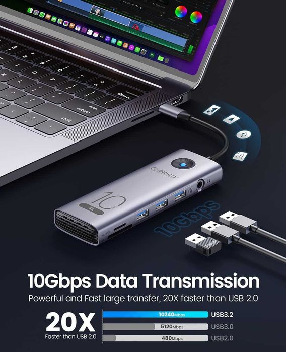 USB Hub Док станция Orico 10в1 Type-C CReader PD 100W 4K-60Hz Ethernet