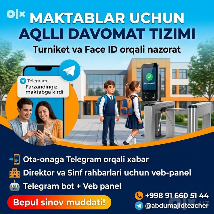 Maktab uchun Telegram davomat boti – turniket/Face ID + veb panel