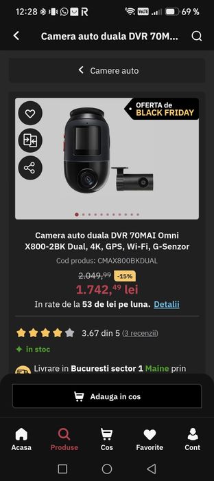 Camera auto 70mai  Omni X800-2 +kit supraveghere continua