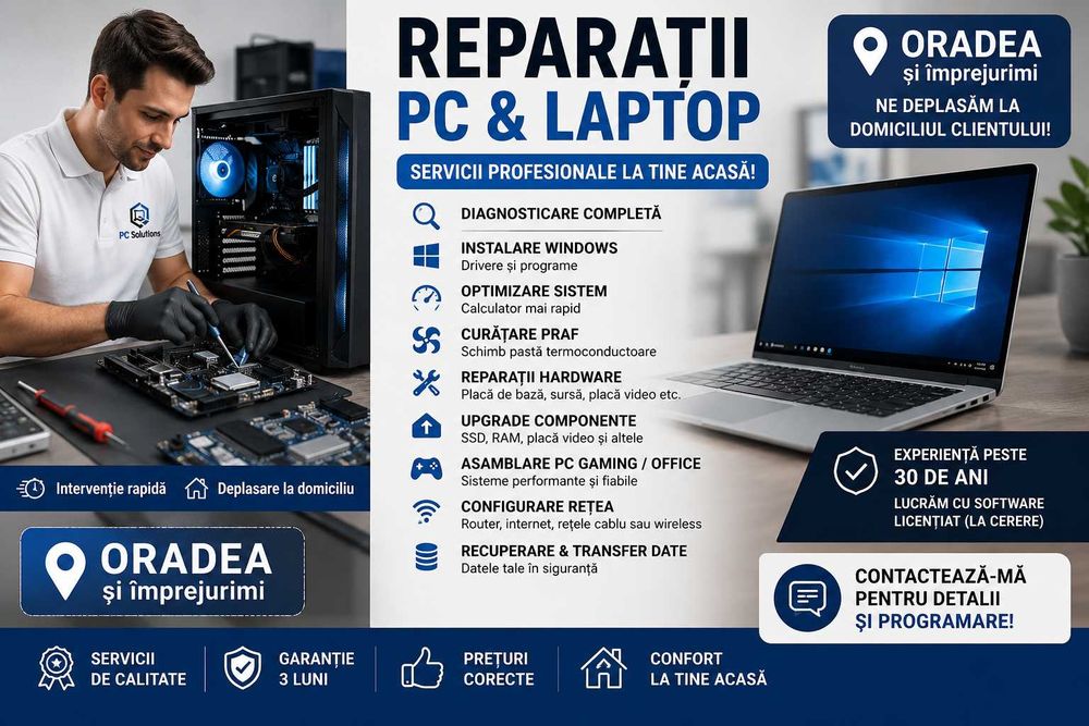 Reparatii calculatoare laptop. Diagnosticare. Instalare Windows. Optimizare. Configurare retea internet. Recuperare date